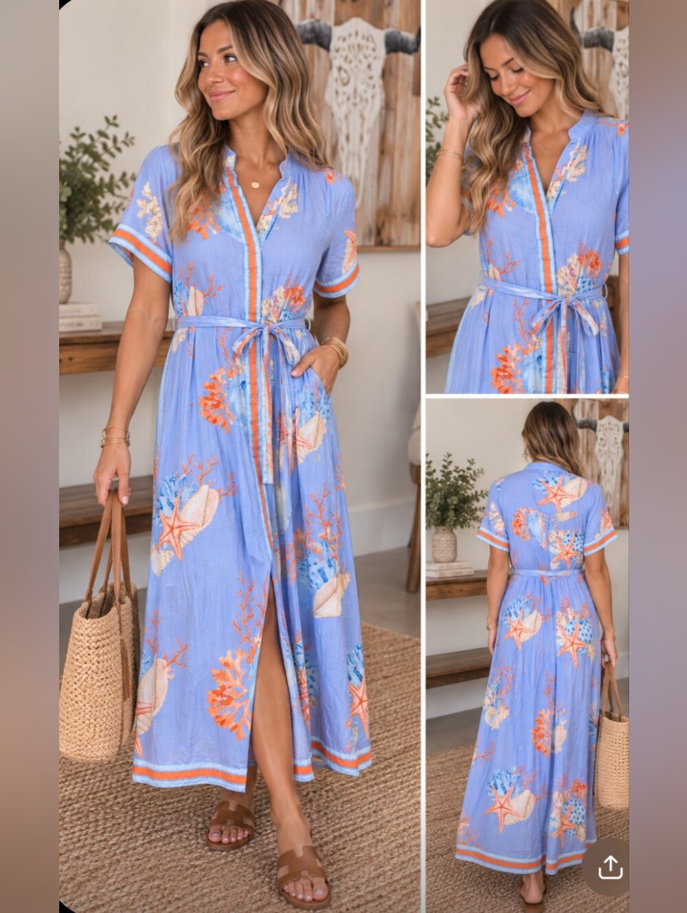 Coastal Blue Tie-Waist Maxi Dress with Shell & Starfish Print